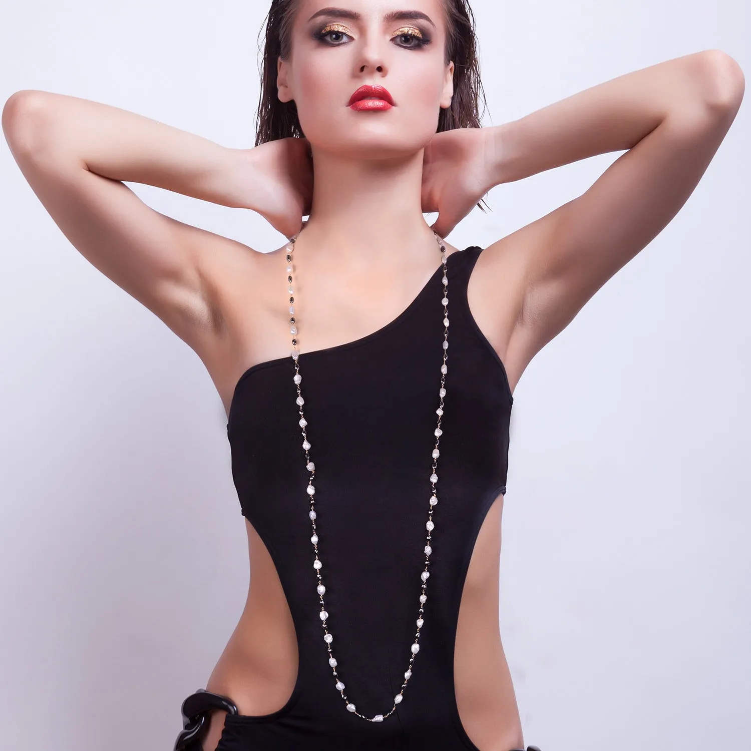 Pearl Diamond Beads 18kt Solid Gold Long Chain Necklace Jewelry