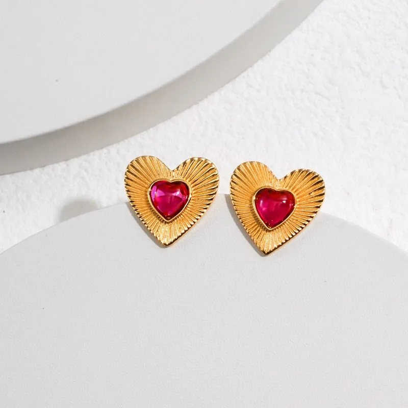 Pink Heart Stud Earrings in Sterling Silver