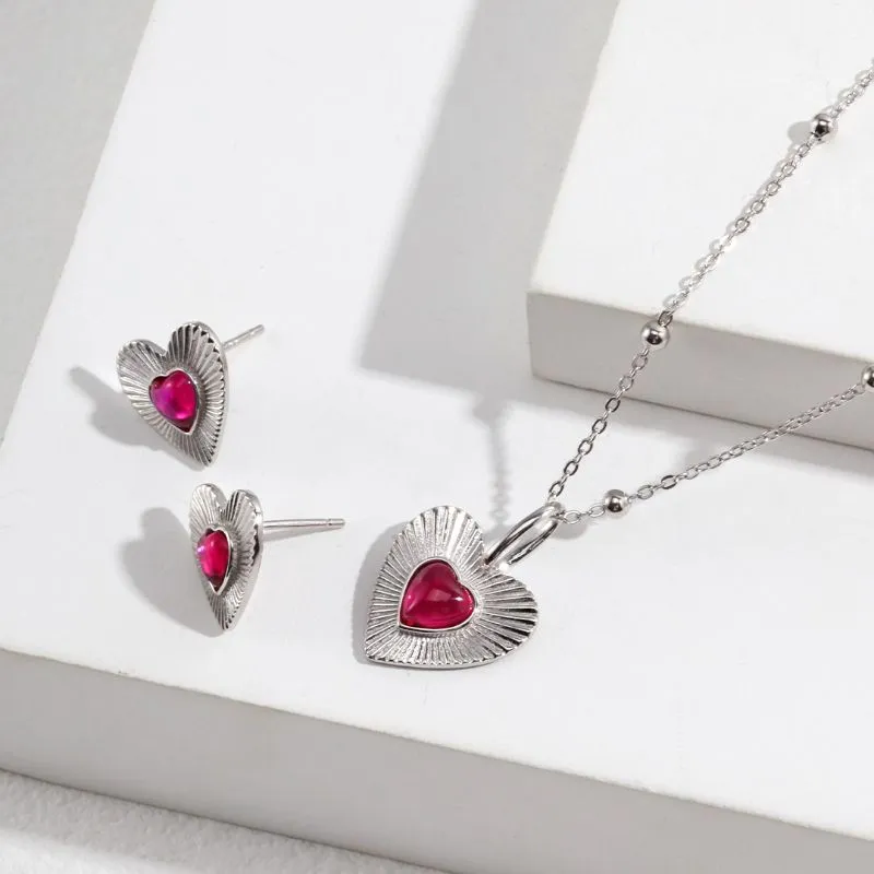 Pink Heart Stud Earrings in Sterling Silver