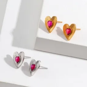 Pink Heart Stud Earrings in Sterling Silver
