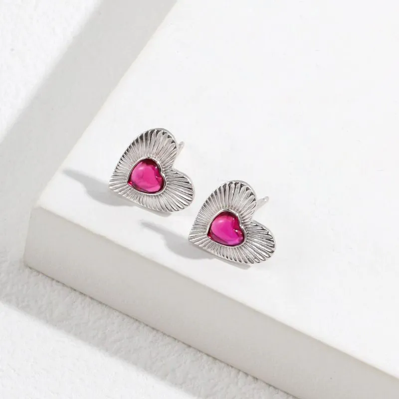 Pink Heart Stud Earrings in Sterling Silver