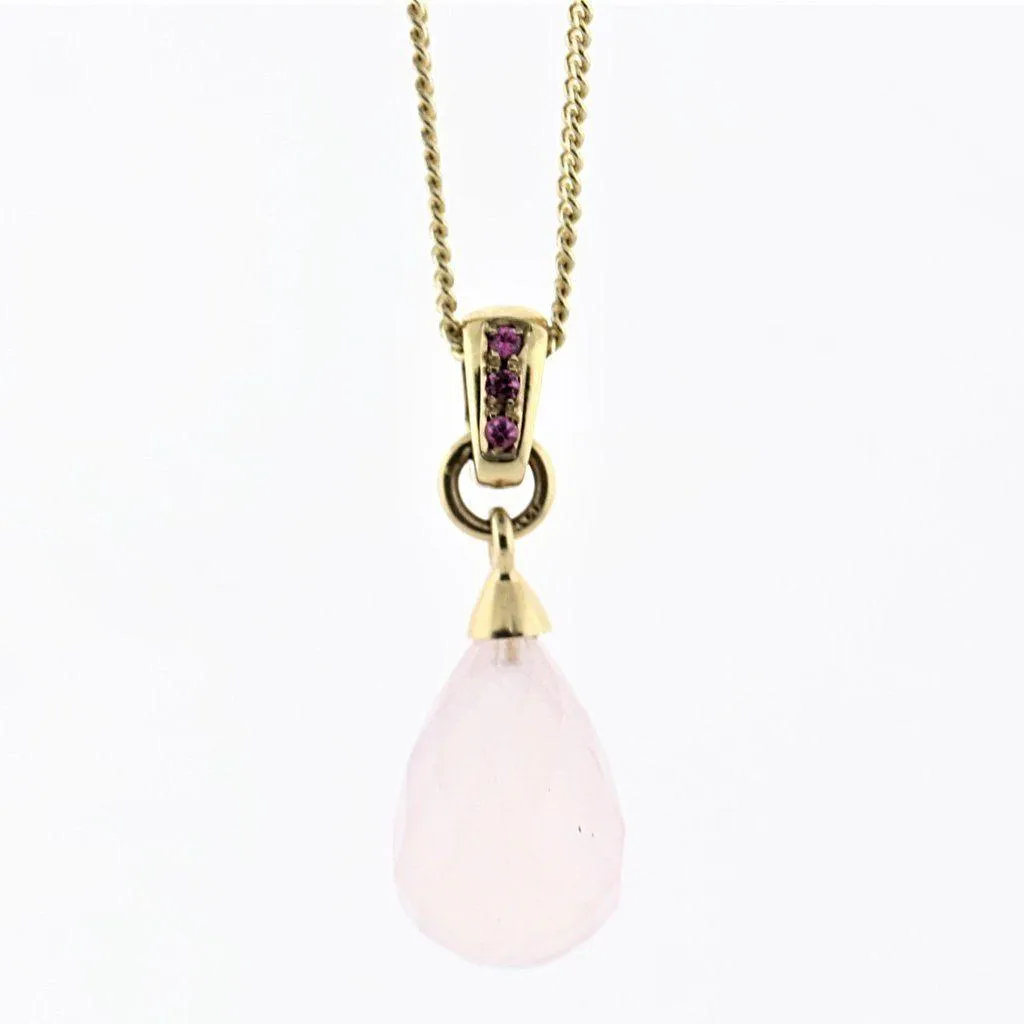 Pink Quartz and Pink Sapphire Pendant Necklace 14K Yellow Gold