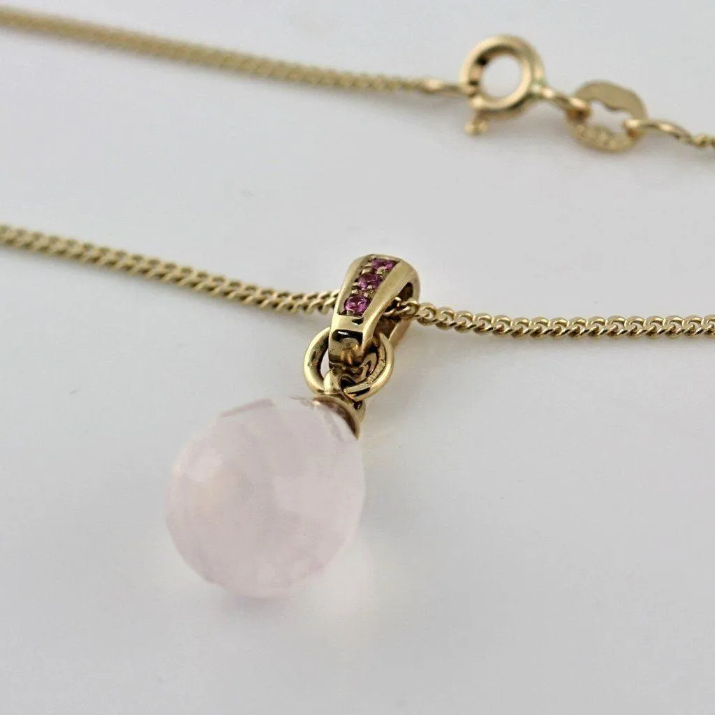 Pink Quartz and Pink Sapphire Pendant Necklace 14K Yellow Gold