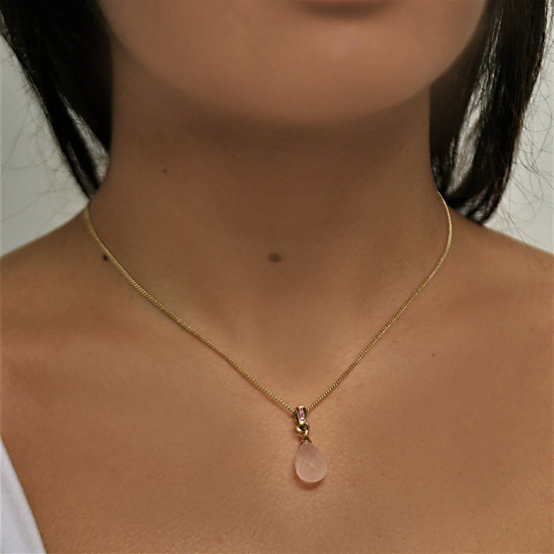 Pink Quartz and Pink Sapphire Pendant Necklace 14K Yellow Gold