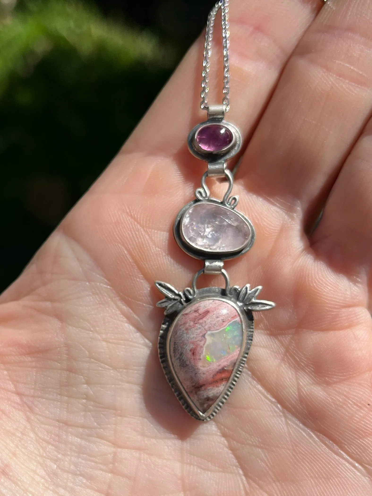 Pink Tourmaline, Morganite and Cantera Mexican Opal with Bamboo Botanical Accent Necklace