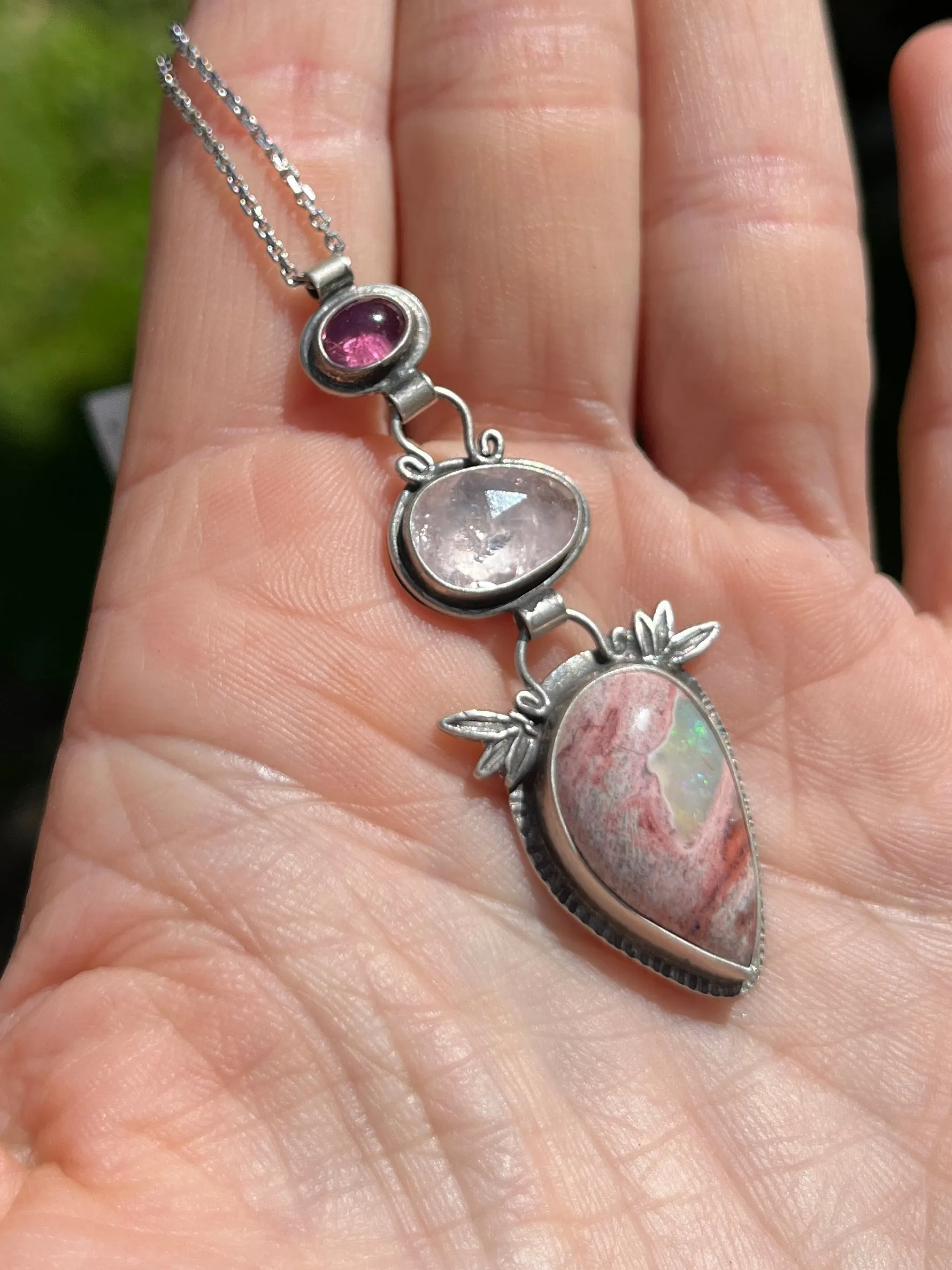 Pink Tourmaline, Morganite and Cantera Mexican Opal with Bamboo Botanical Accent Necklace