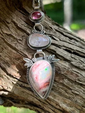 Pink Tourmaline, Morganite and Cantera Mexican Opal with Bamboo Botanical Accent Necklace