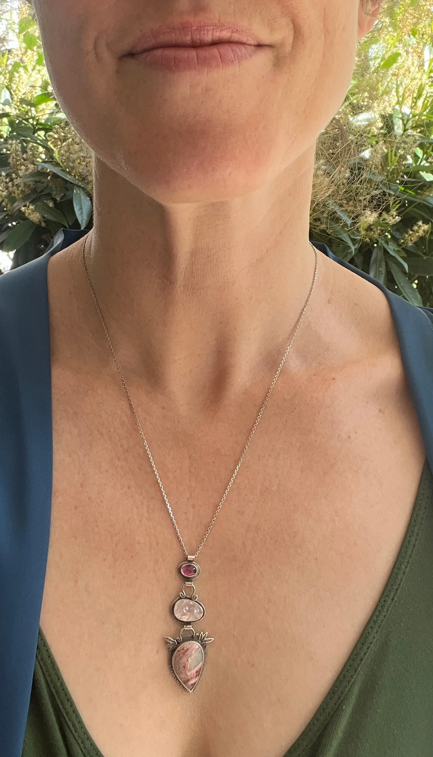 Pink Tourmaline, Morganite and Cantera Mexican Opal with Bamboo Botanical Accent Necklace