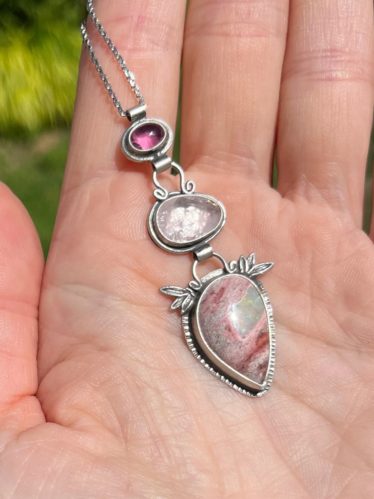 Pink Tourmaline, Morganite and Cantera Mexican Opal with Bamboo Botanical Accent Necklace