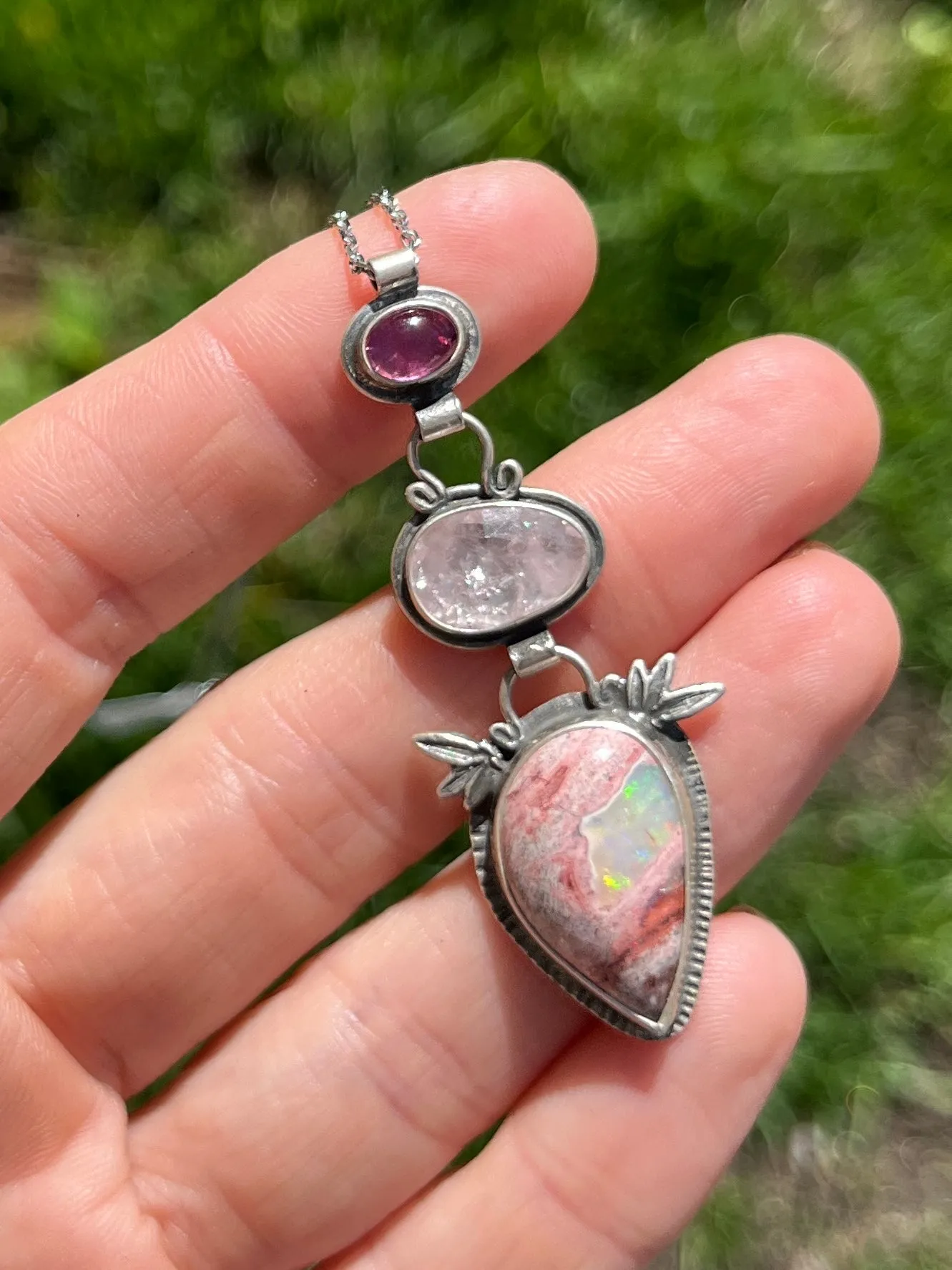 Pink Tourmaline, Morganite and Cantera Mexican Opal with Bamboo Botanical Accent Necklace