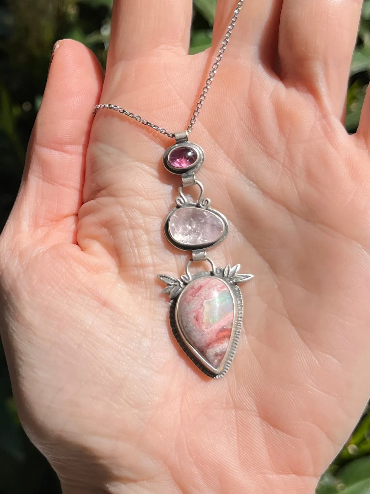 Pink Tourmaline, Morganite and Cantera Mexican Opal with Bamboo Botanical Accent Necklace