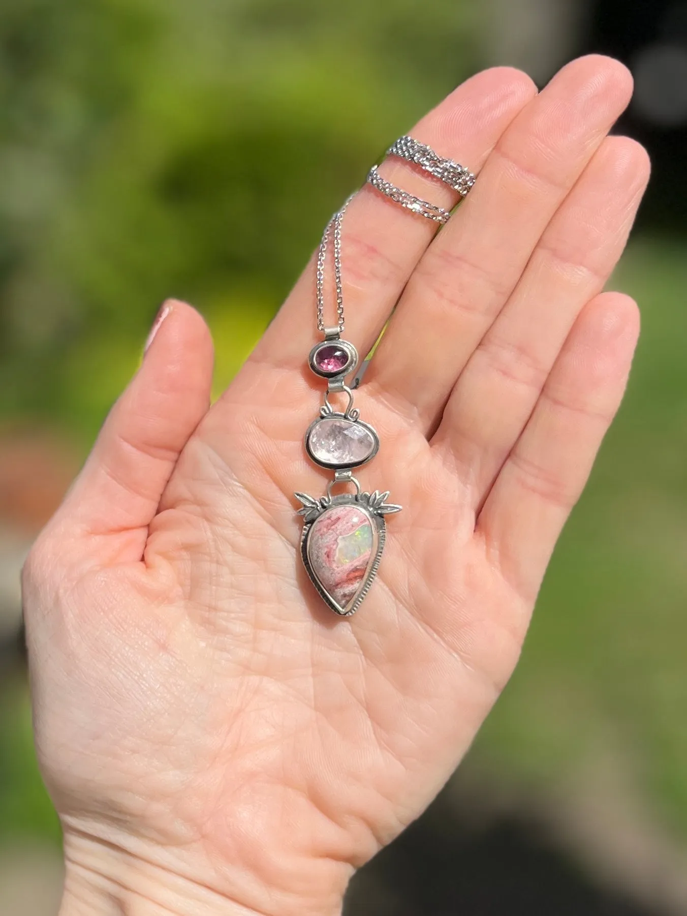 Pink Tourmaline, Morganite and Cantera Mexican Opal with Bamboo Botanical Accent Necklace