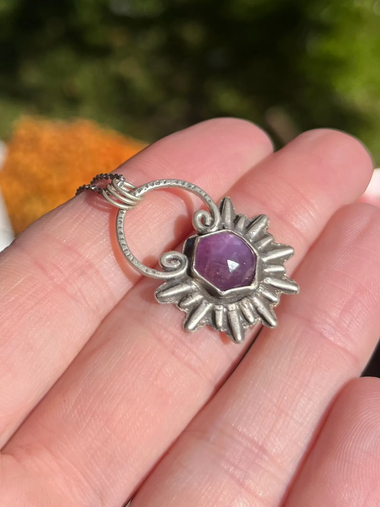 Purple Sapphire Hexagon Sunburst Pendant