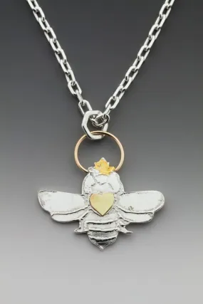 Queen Bee Pendant in Fine Silver & 14k Yellow Gold - Roller Printed, Hand Sawen, Fabricated & Metal Pendant