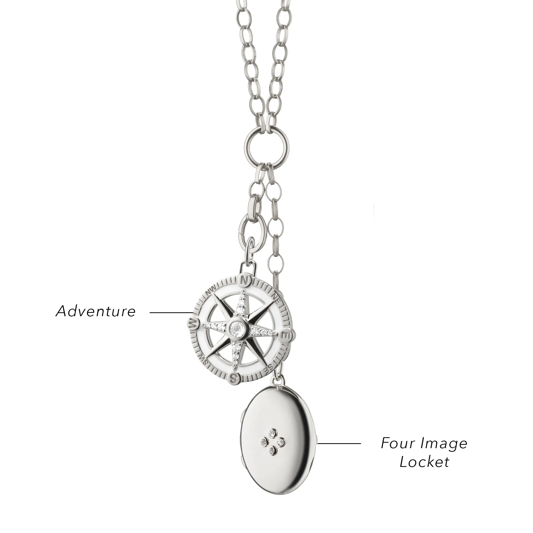 "Adventure" Compass with White Enamel and Four Midi Sapphire Locket Charm Necklace