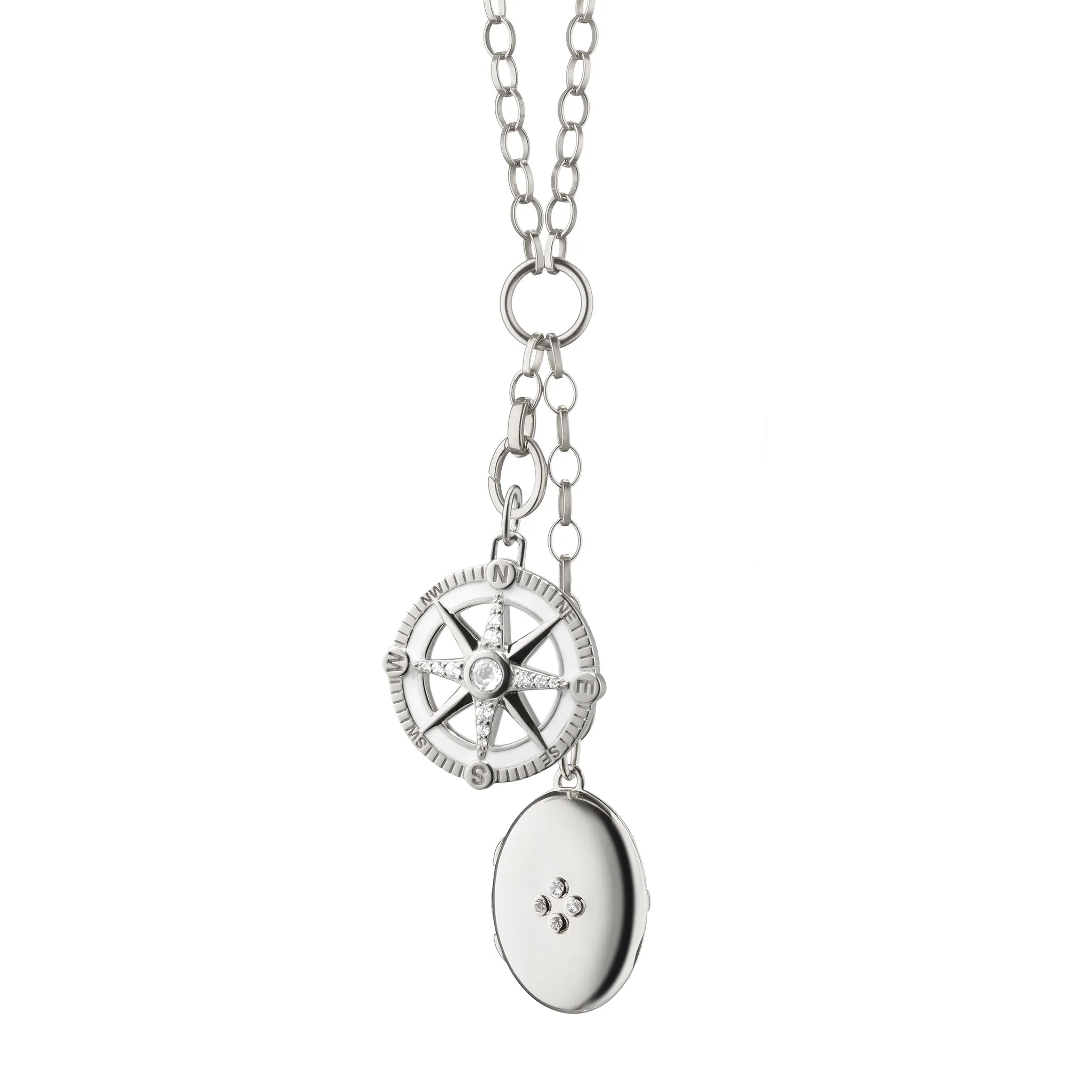 "Adventure" Compass with White Enamel and Four Midi Sapphire Locket Charm Necklace