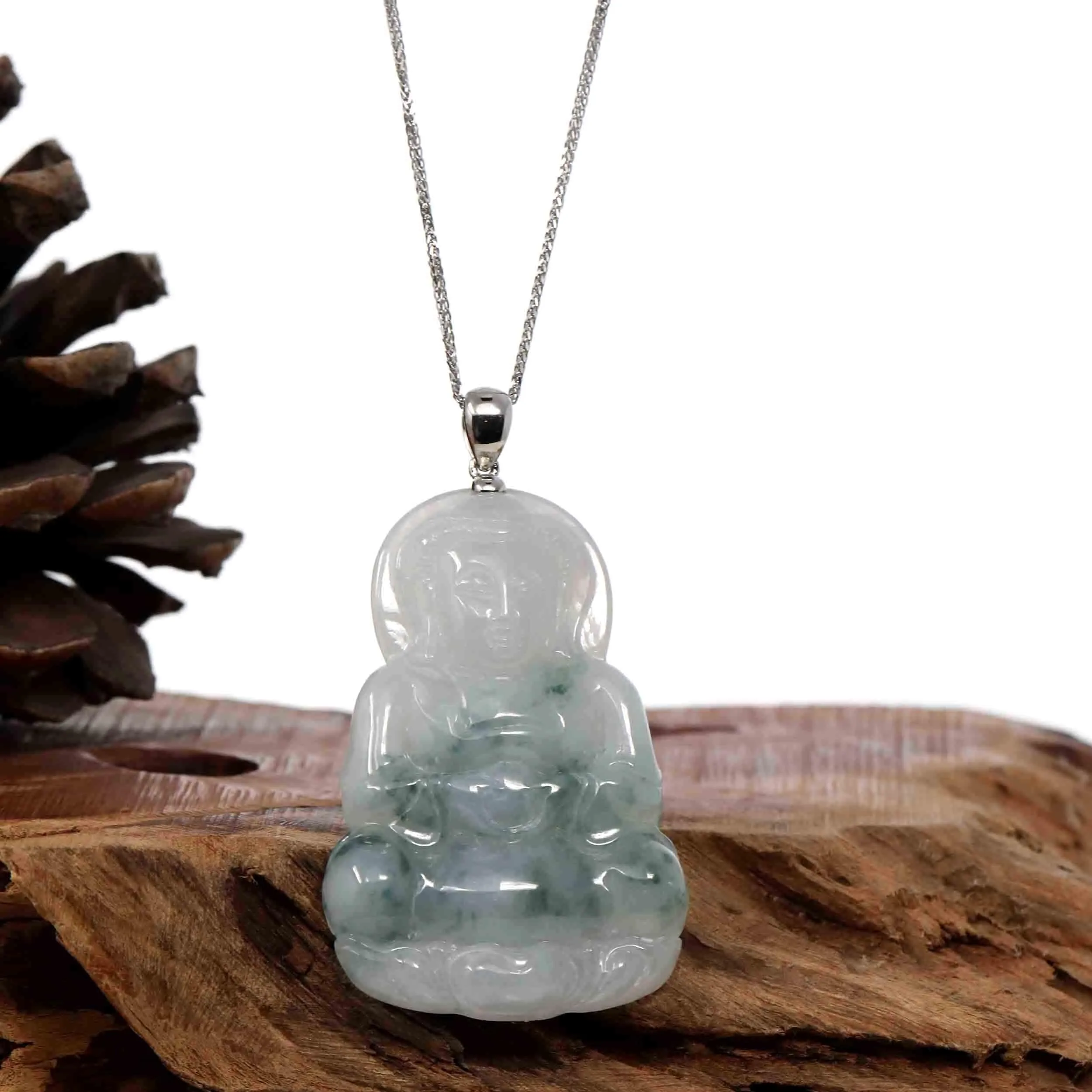 "Goddess of Compassion" Genuine Burmese Ice Blue Jadeite Jade Guanyin Necklace With Good Luck Design Sterling Silver Bail