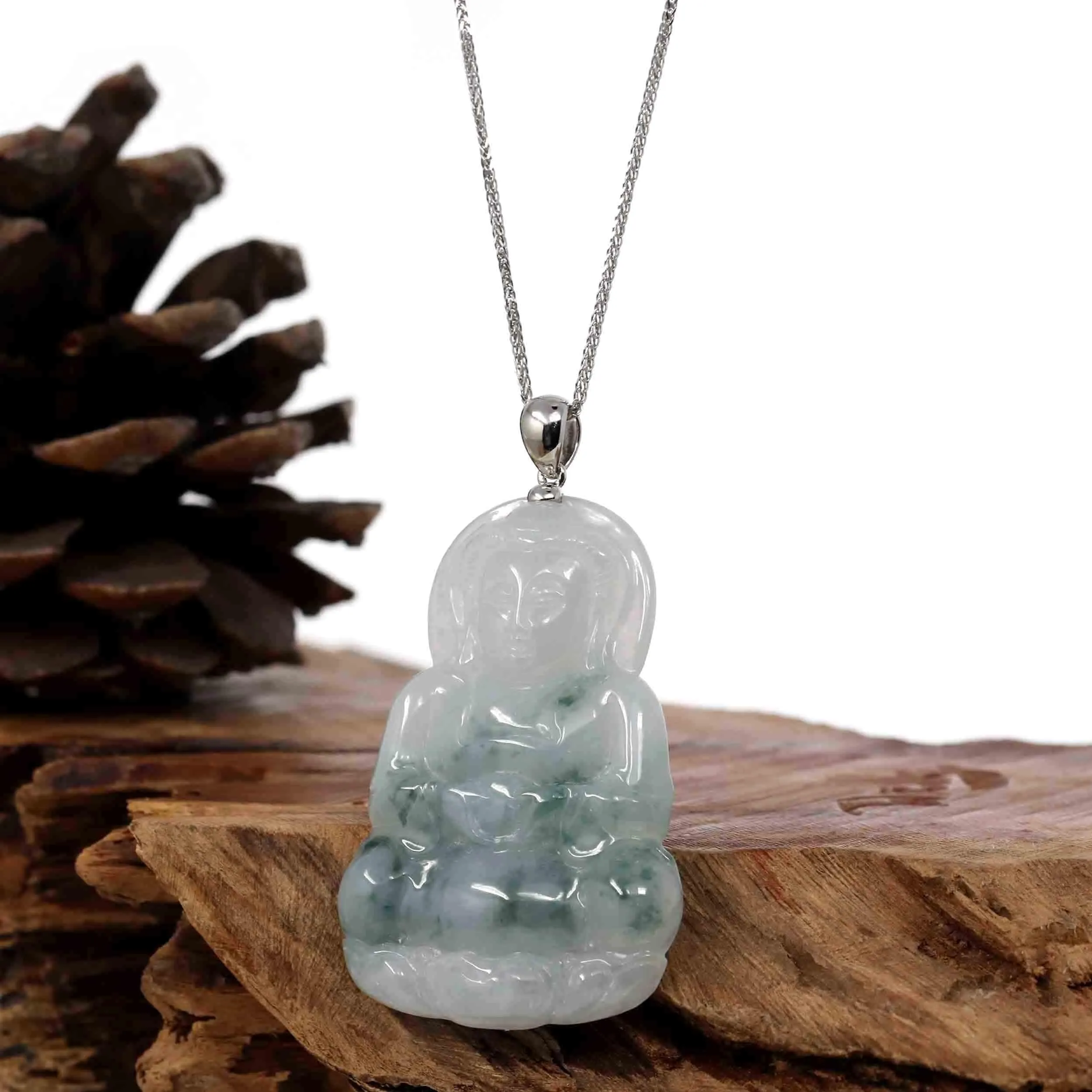"Goddess of Compassion" Genuine Burmese Ice Blue Jadeite Jade Guanyin Necklace With Good Luck Design Sterling Silver Bail
