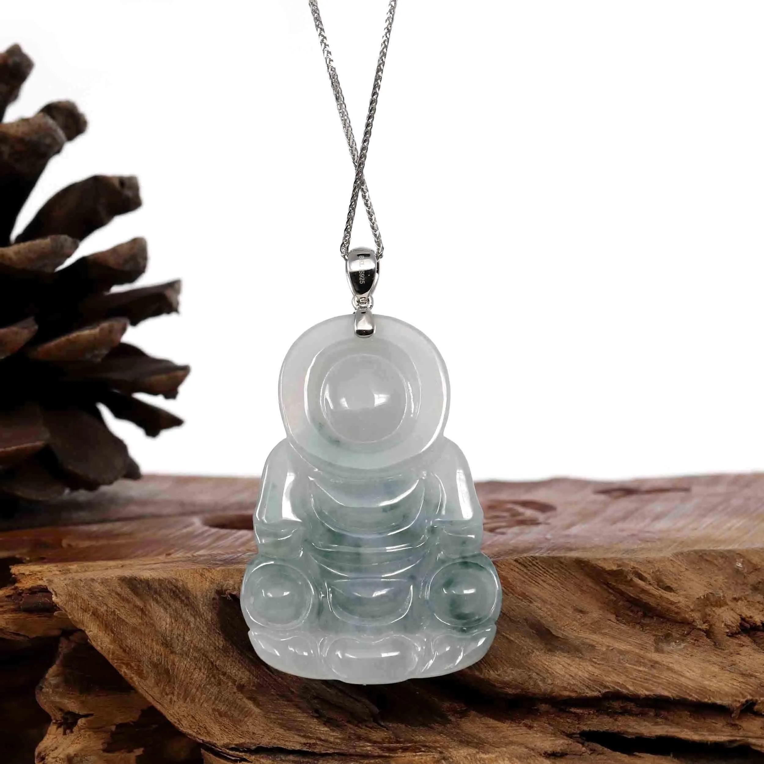 "Goddess of Compassion" Genuine Burmese Ice Blue Jadeite Jade Guanyin Necklace With Good Luck Design Sterling Silver Bail