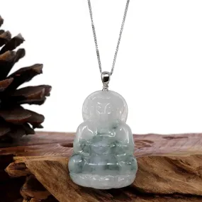 "Goddess of Compassion" Genuine Burmese Ice Blue Jadeite Jade Guanyin Necklace With Good Luck Design Sterling Silver Bail