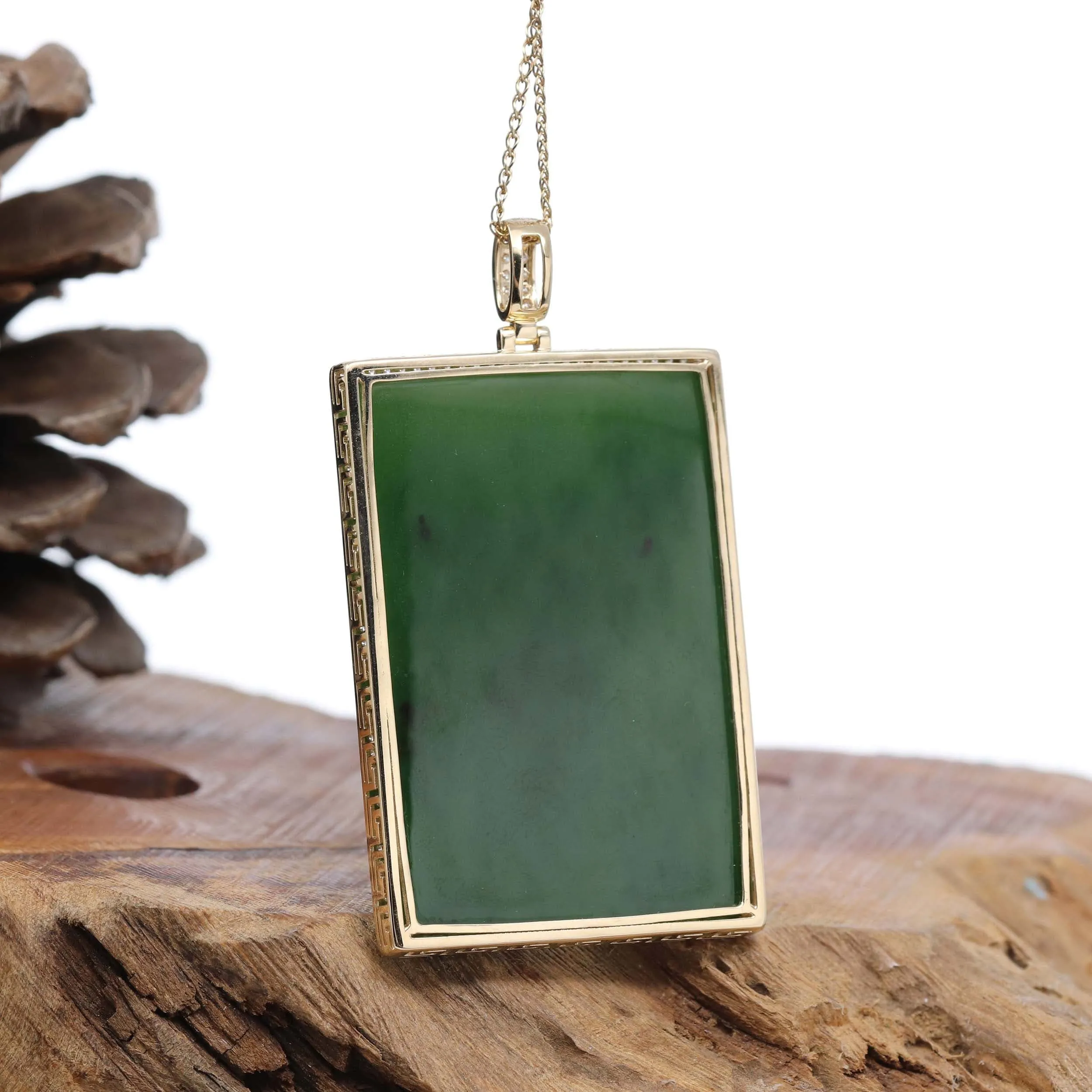 "Guangong" Large 14k Yellow Gold Genuine Apple Green Nephrite Jade with VS1 Diamonds Pendant Necklace