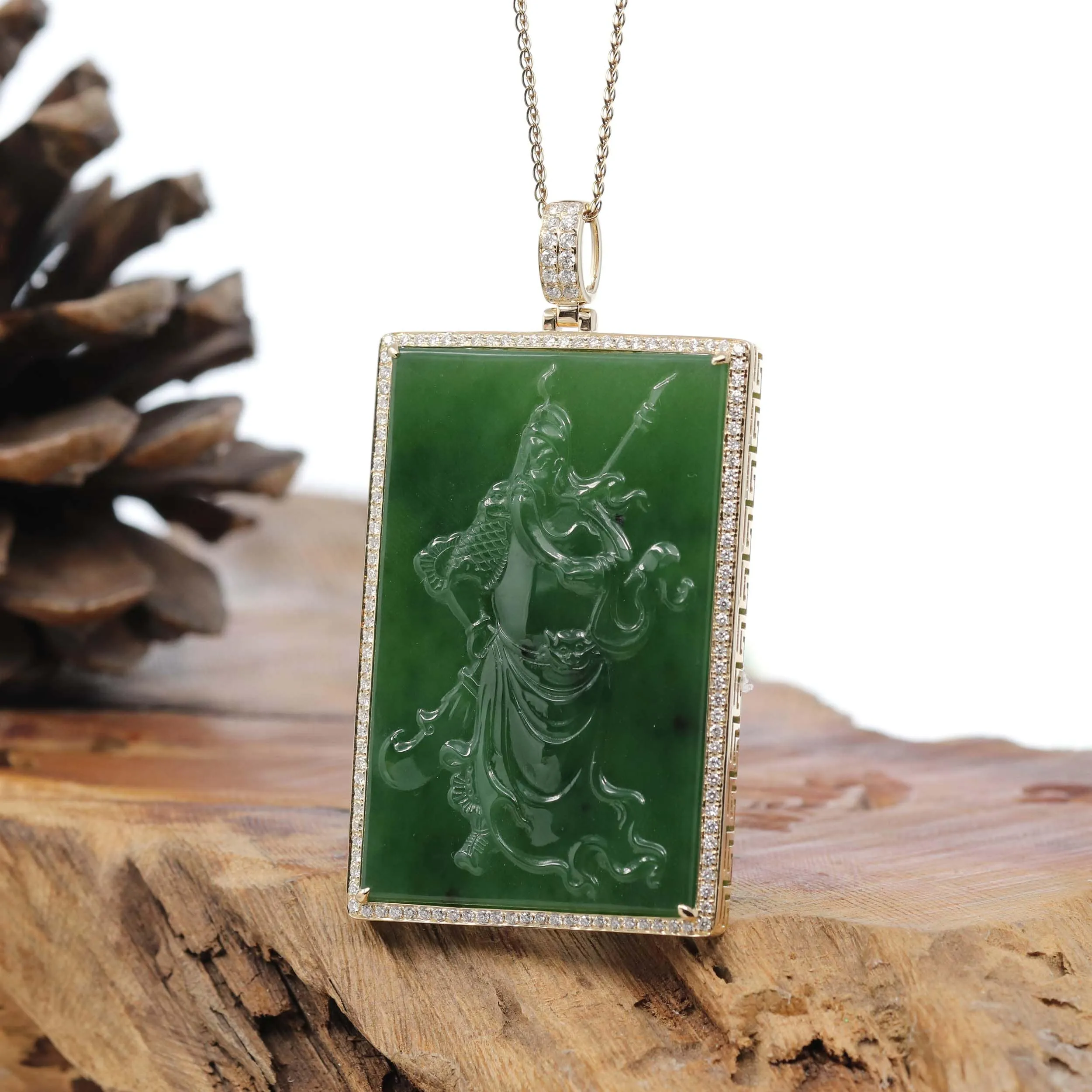 "Guangong" Large 14k Yellow Gold Genuine Apple Green Nephrite Jade with VS1 Diamonds Pendant Necklace