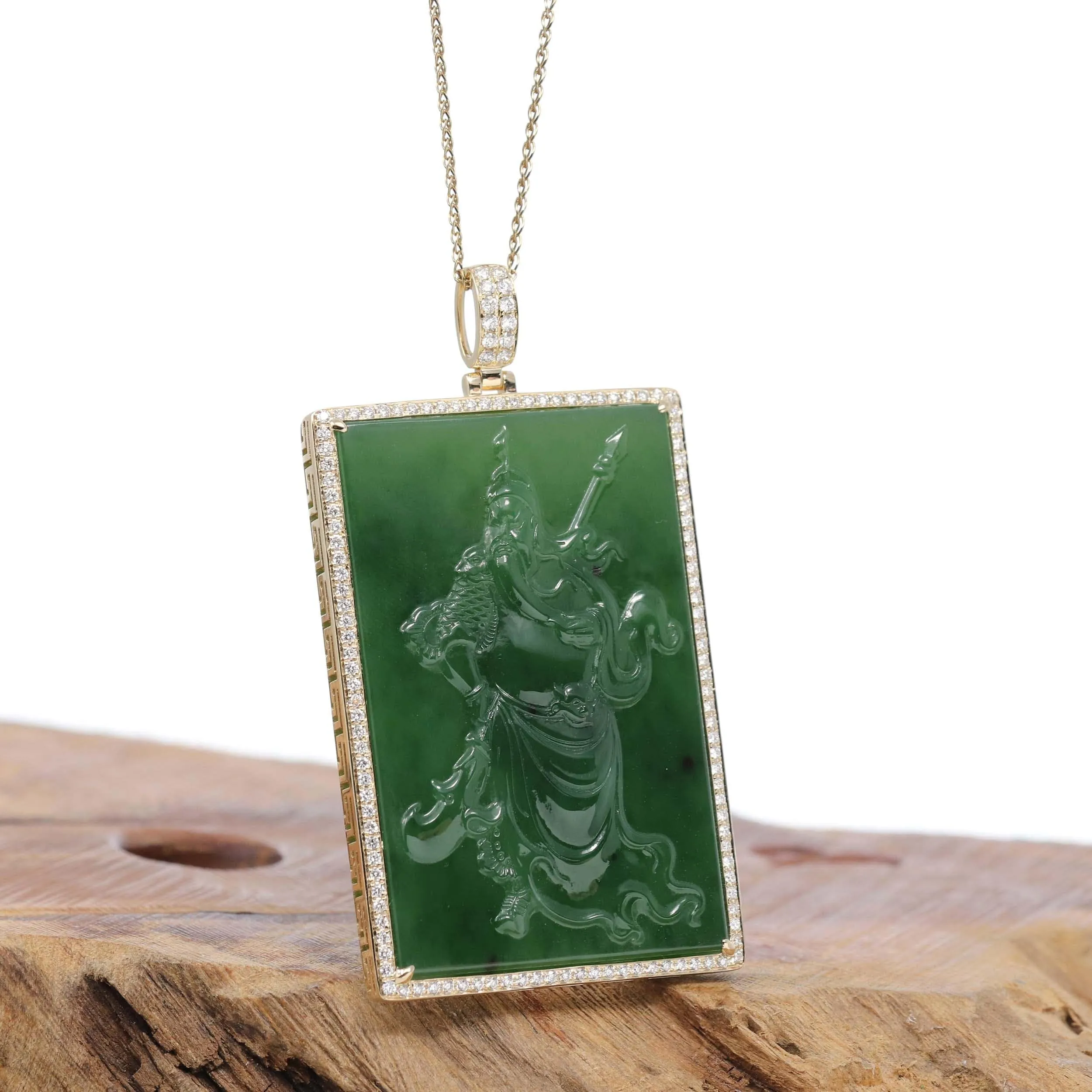 "Guangong" Large 14k Yellow Gold Genuine Apple Green Nephrite Jade with VS1 Diamonds Pendant Necklace