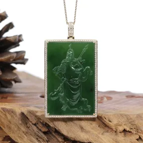 "Guangong" Large 14k Yellow Gold Genuine Apple Green Nephrite Jade with VS1 Diamonds Pendant Necklace
