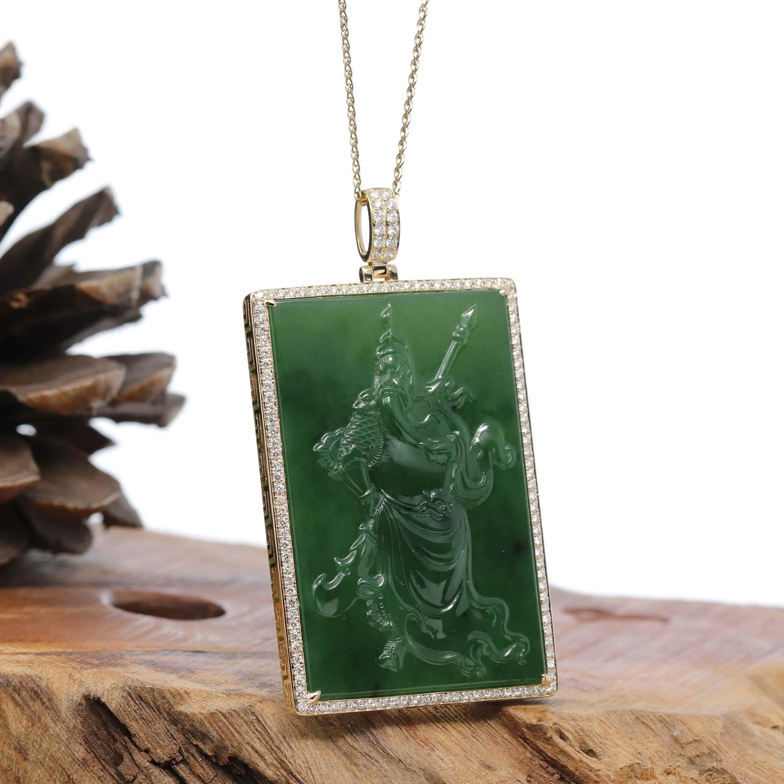 "Guangong" Large 14k Yellow Gold Genuine Apple Green Nephrite Jade with VS1 Diamonds Pendant Necklace