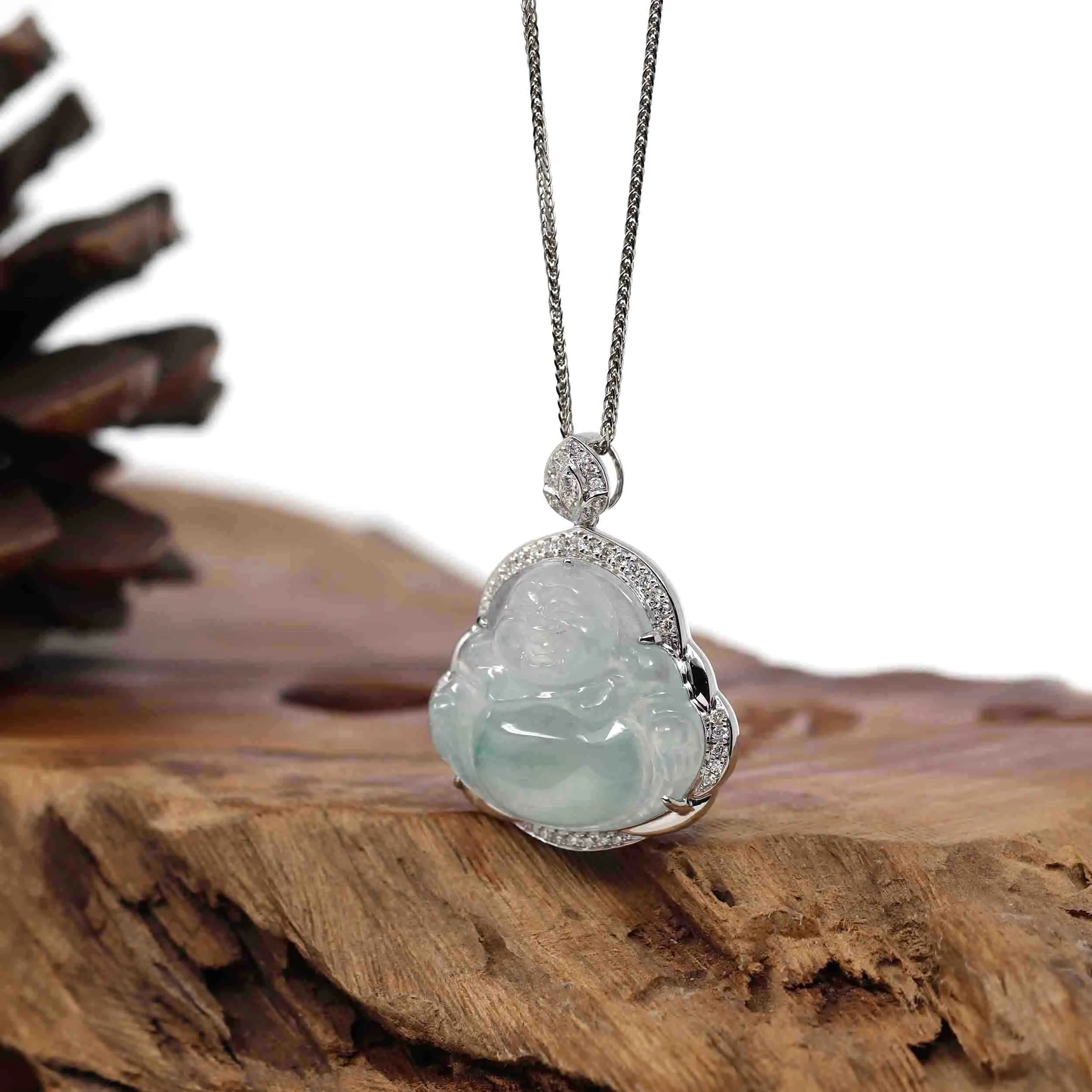 RealJade® Co. 14K White Gold Genuine Burmese Ice Blue-green Jadeite Jade Buddha Pendant with VS1 Diamonds