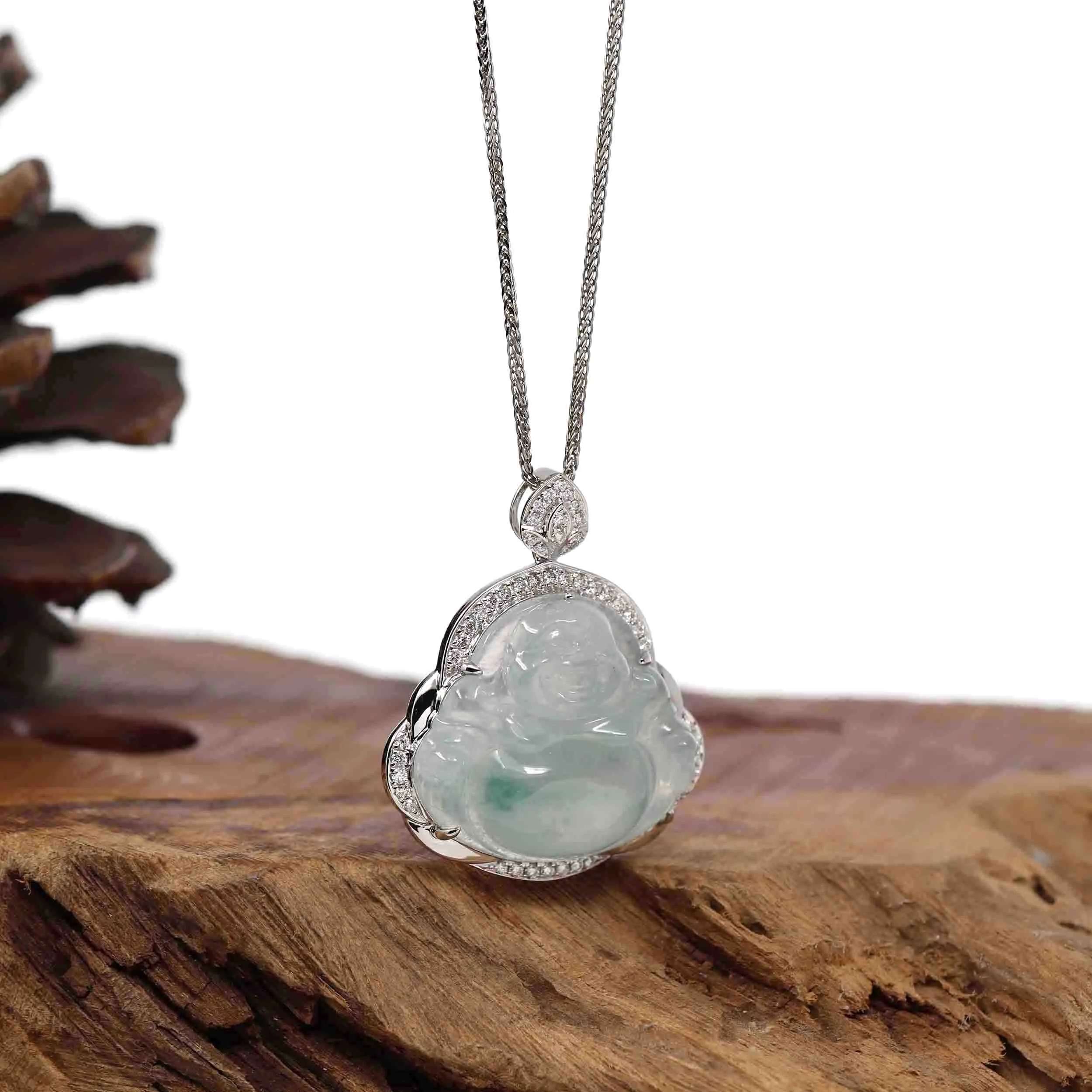 RealJade® Co. 14K White Gold Genuine Burmese Ice Blue-green Jadeite Jade Buddha Pendant with VS1 Diamonds
