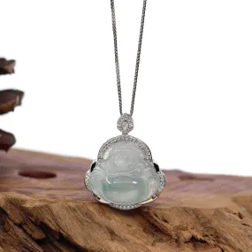 RealJade® Co. 14K White Gold Genuine Burmese Ice Blue-green Jadeite Jade Buddha Pendant with VS1 Diamonds
