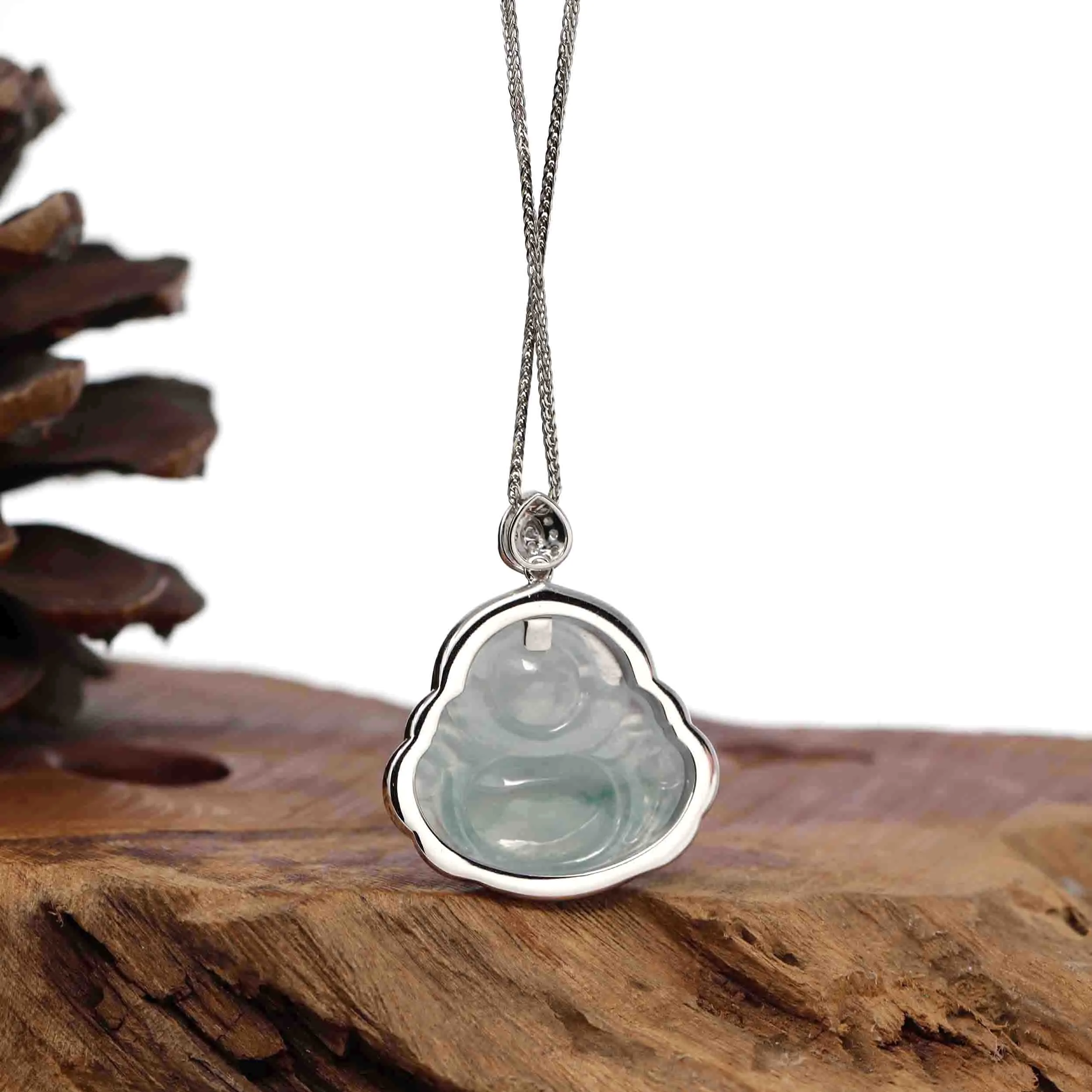 RealJade® Co. 14K White Gold Genuine Burmese Ice Blue-green Jadeite Jade Buddha Pendant with VS1 Diamonds