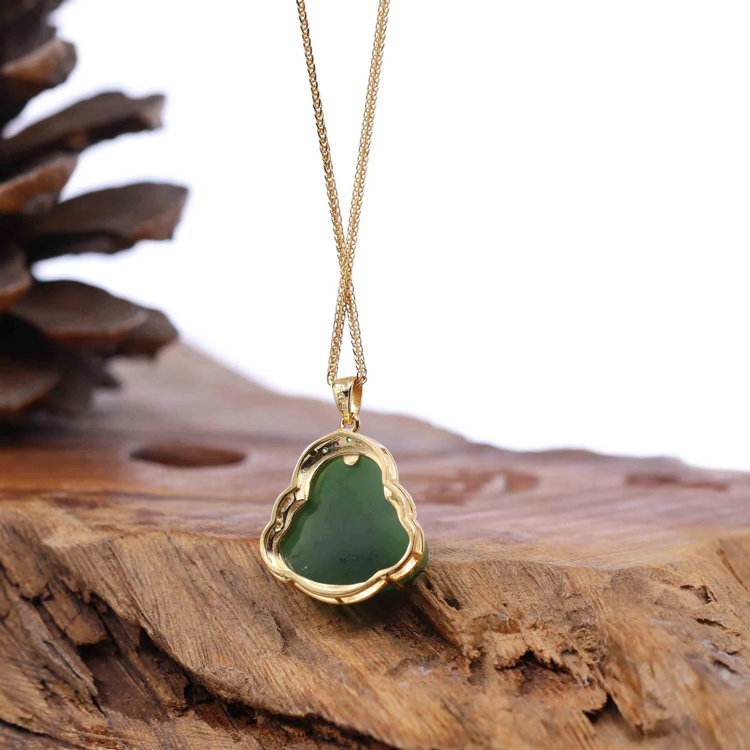 RealJade® Co. "Laughing Buddha" Gold Plated Nephrite Jade Necklace Pendant