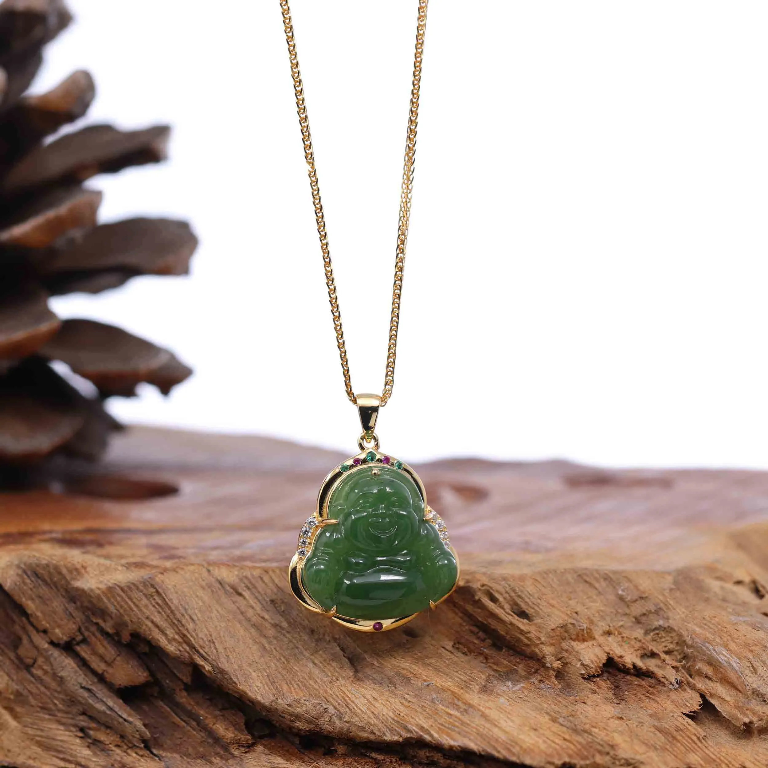 RealJade® Co. "Laughing Buddha" Gold Plated Nephrite Jade Necklace Pendant