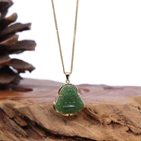 RealJade® Co. "Laughing Buddha" Gold Plated Nephrite Jade Necklace Pendant