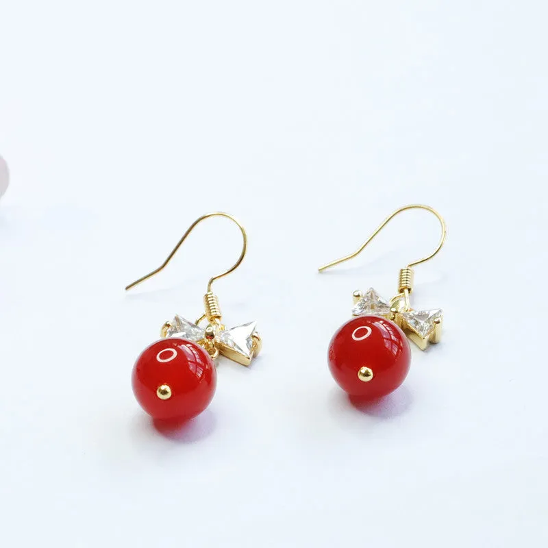 Red Agate Zircon Bow Earrings with Sterling Silver Hooks