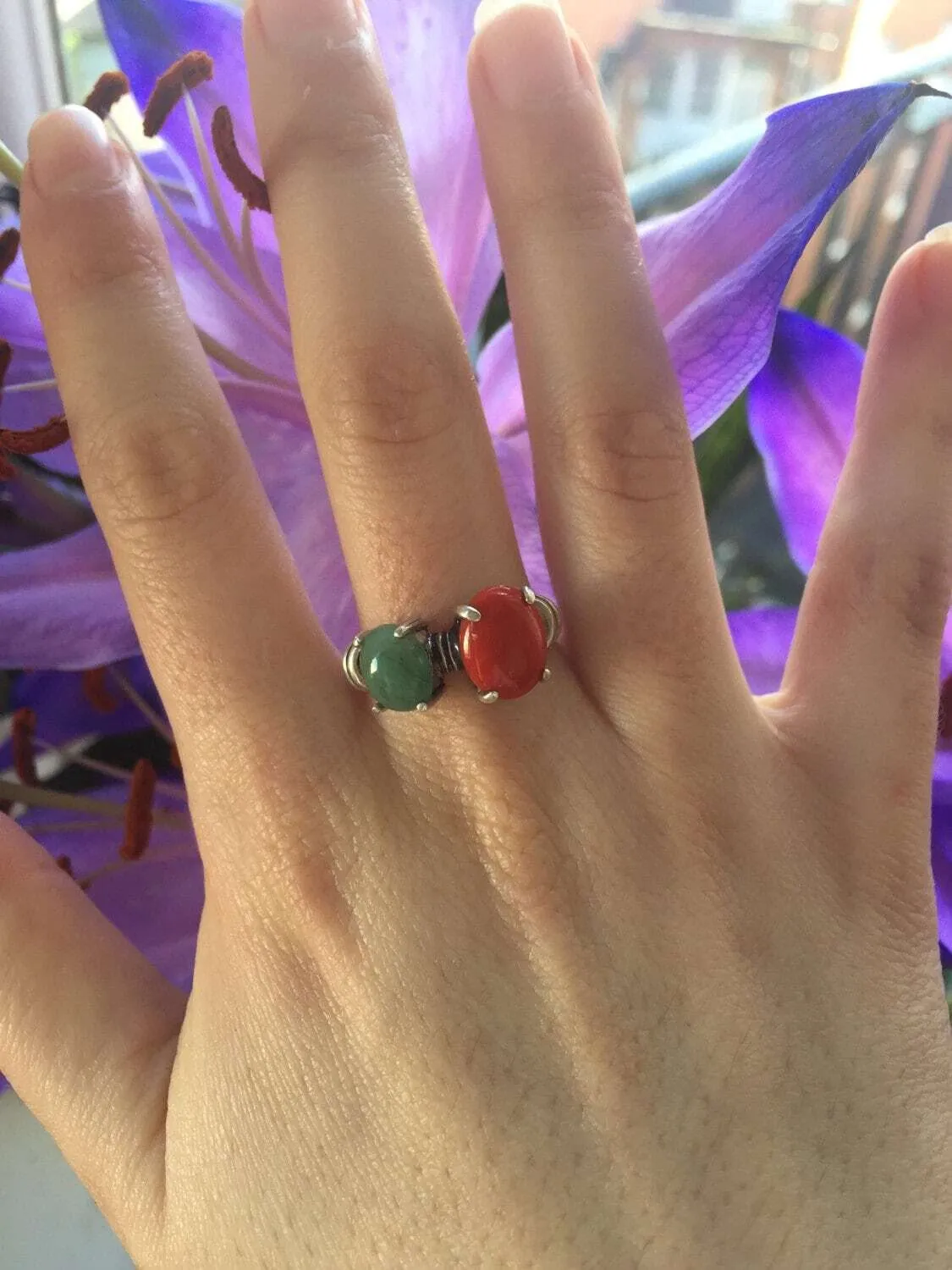 Red Coral Ring - Two Stone Ring - Emerald Statement Ring