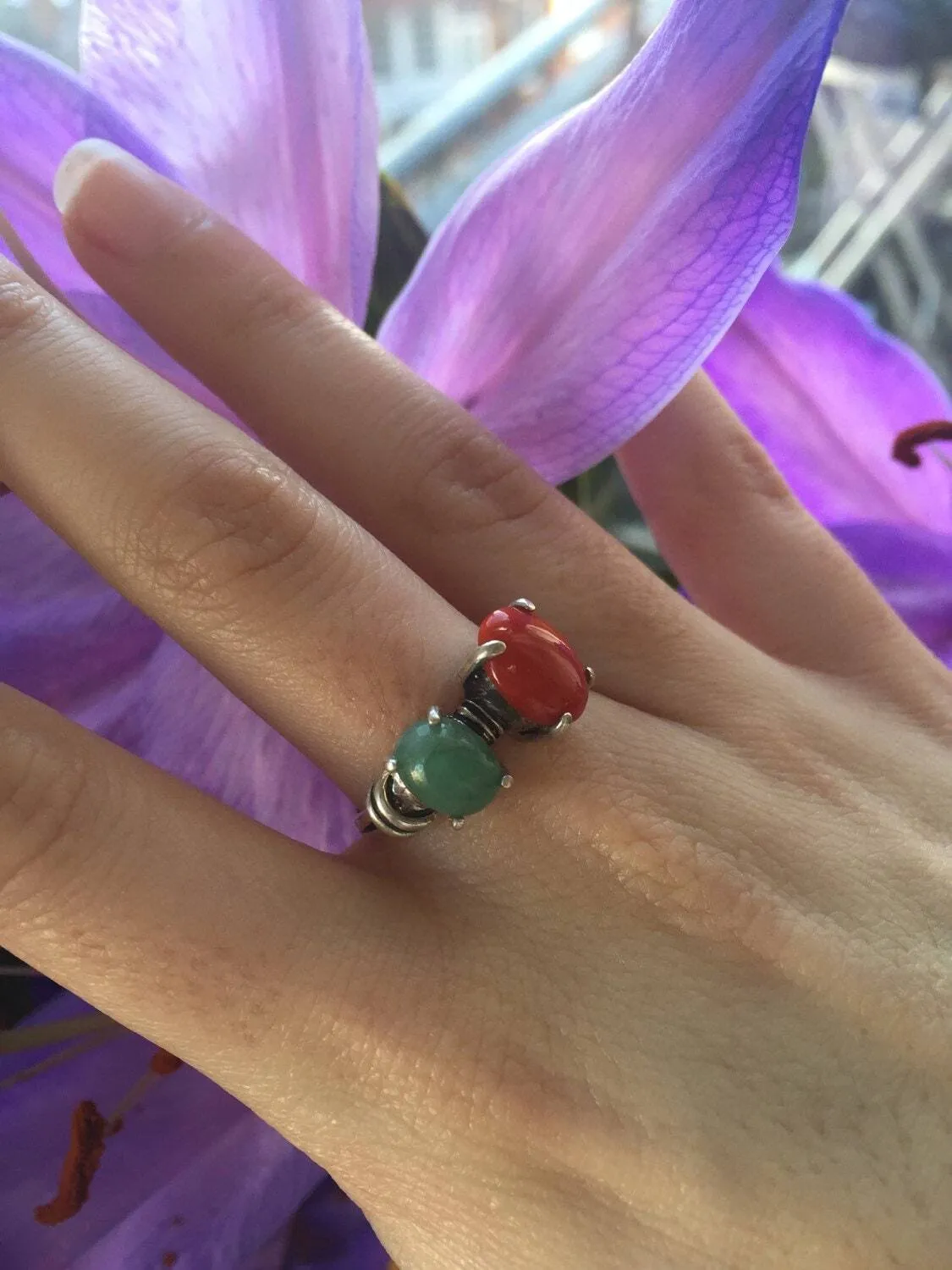 Red Coral Ring - Two Stone Ring - Emerald Statement Ring