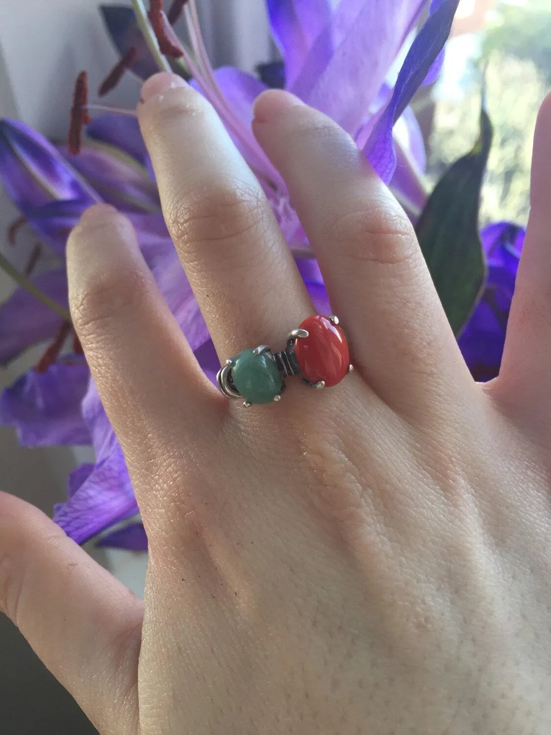 Red Coral Ring - Two Stone Ring - Emerald Statement Ring