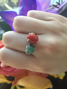 Red Coral Ring - Two Stone Ring - Emerald Statement Ring