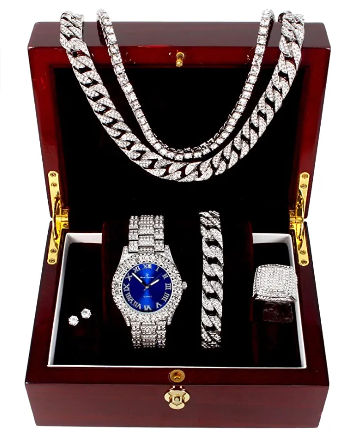 Red Face Watch Set Gold Color Simulated Diamond Earring Necklace Cuban Link Blue Bracelet Tennis Chain Ring Gift Bundle
