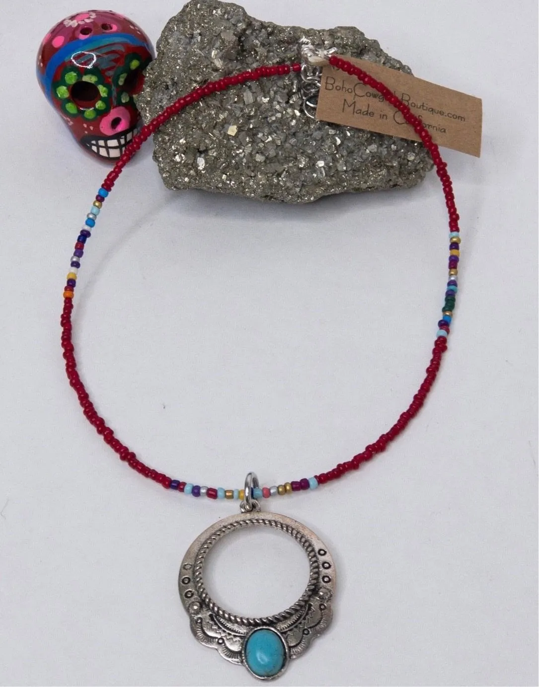 Red Serape Engraved Pendant Choker Necklace
