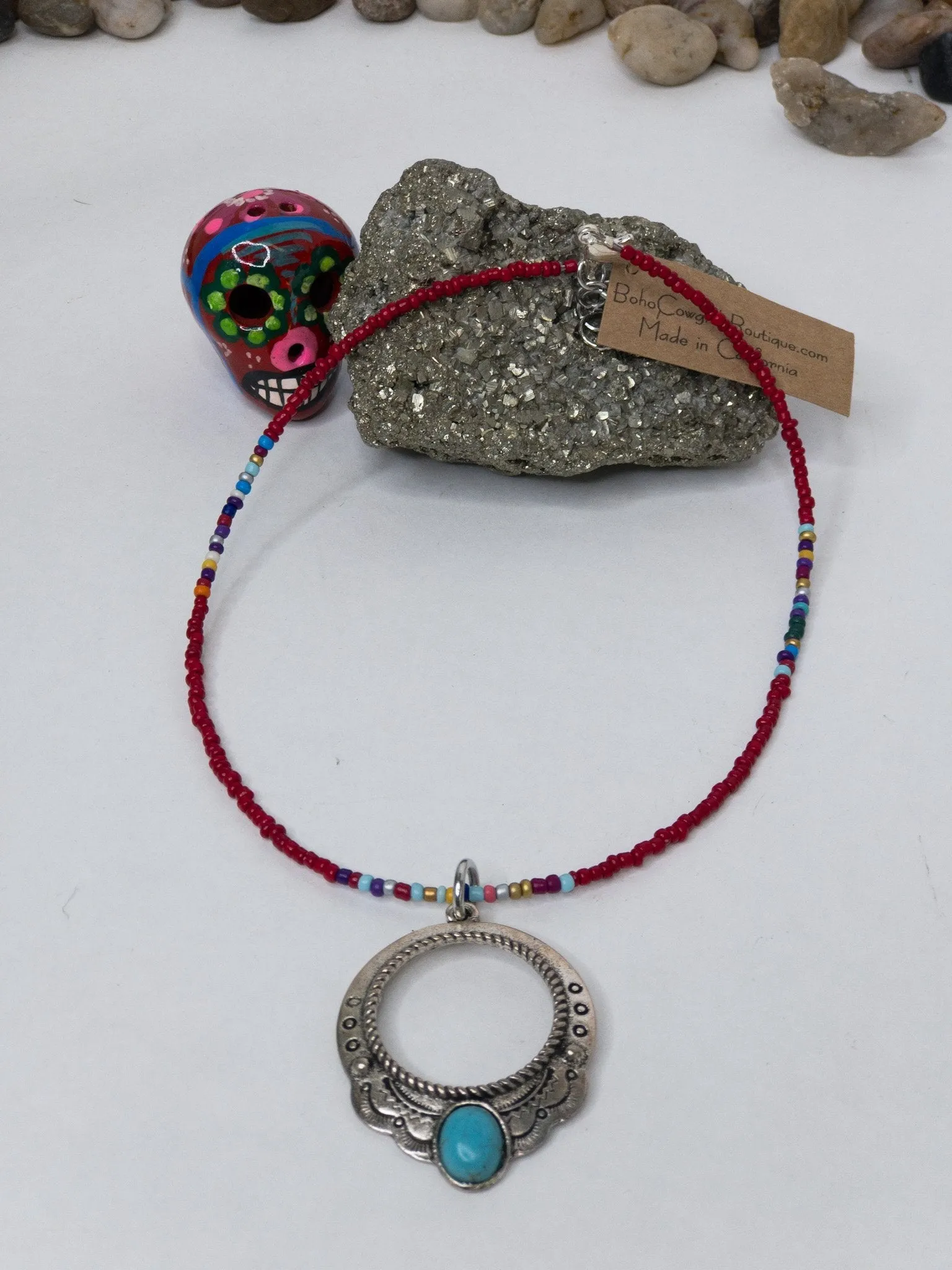 Red Serape Engraved Pendant Choker Necklace