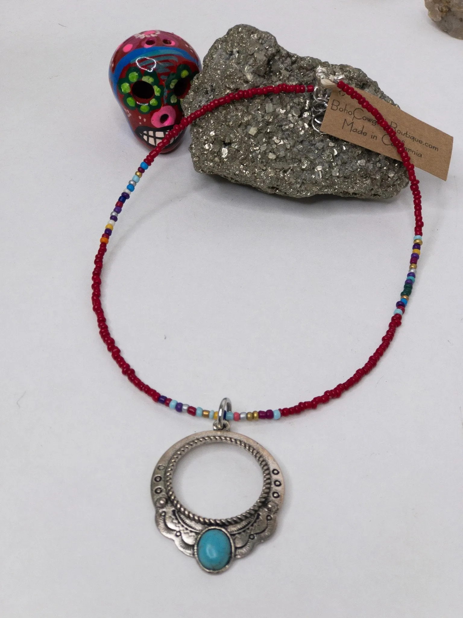 Red Serape Engraved Pendant Choker Necklace
