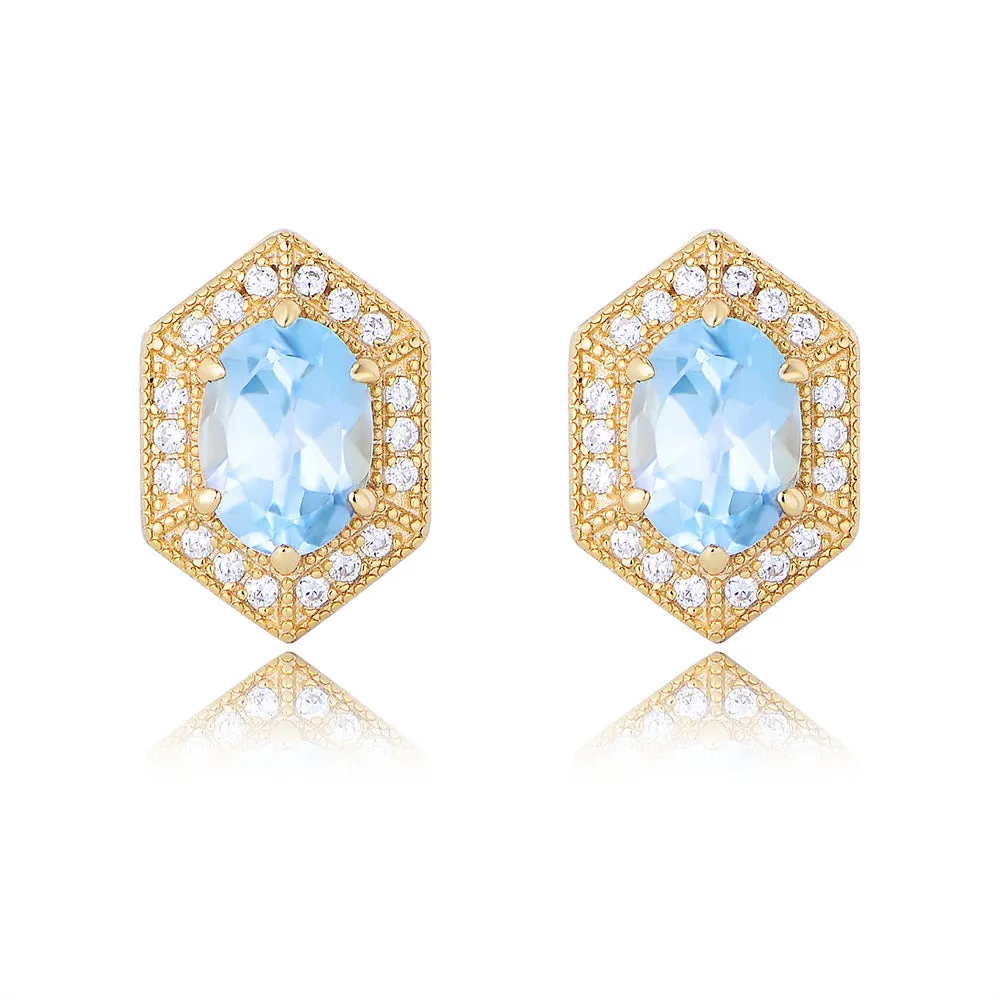 Retro Natural Blue Topaz Soleste Halo Silver Studs Earrings for Women