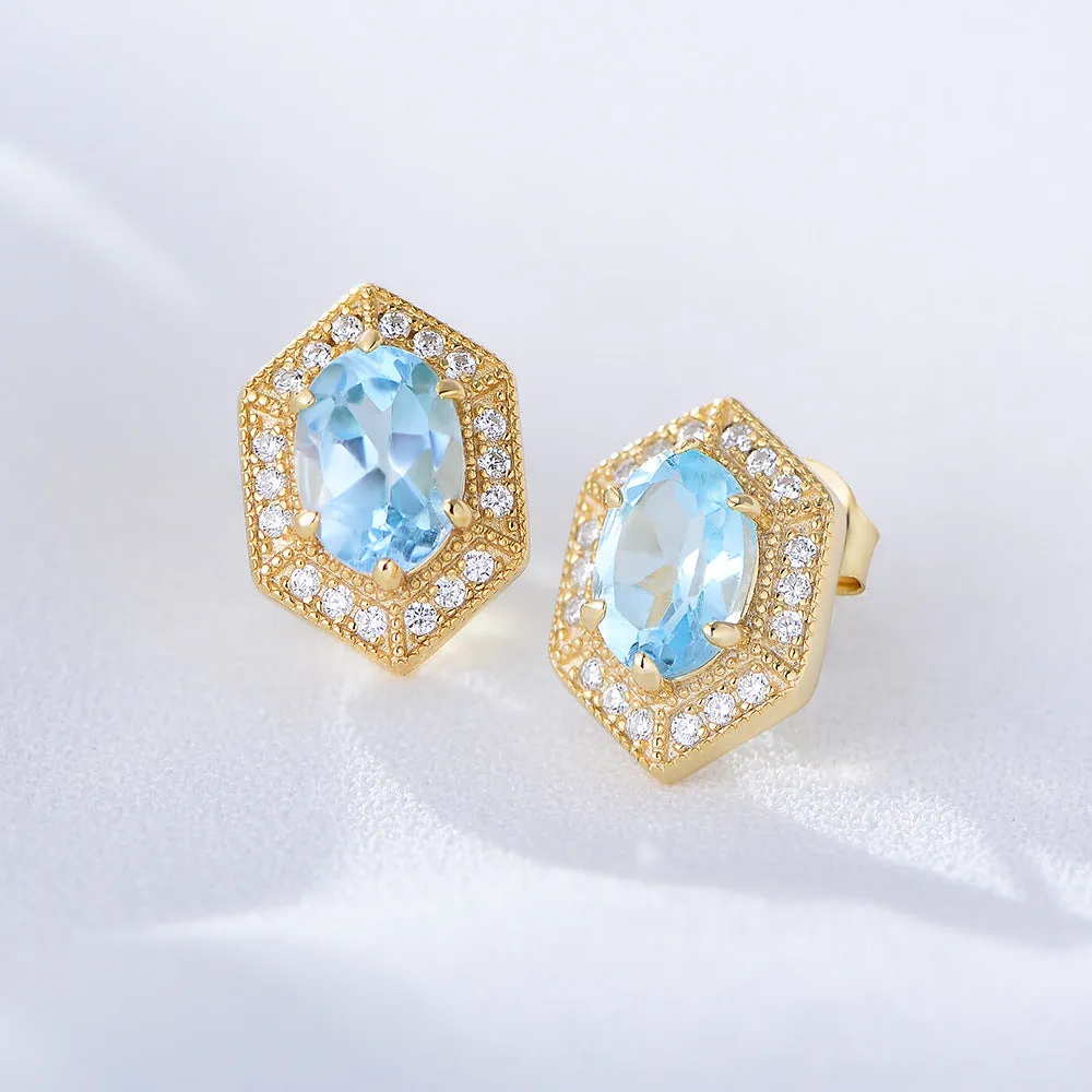 Retro Natural Blue Topaz Soleste Halo Silver Studs Earrings for Women