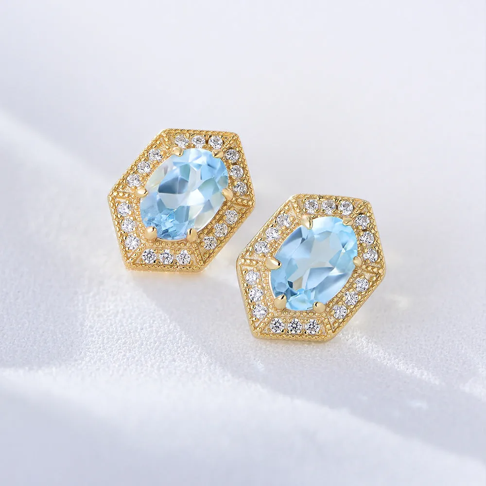 Retro Natural Blue Topaz Soleste Halo Silver Studs Earrings for Women