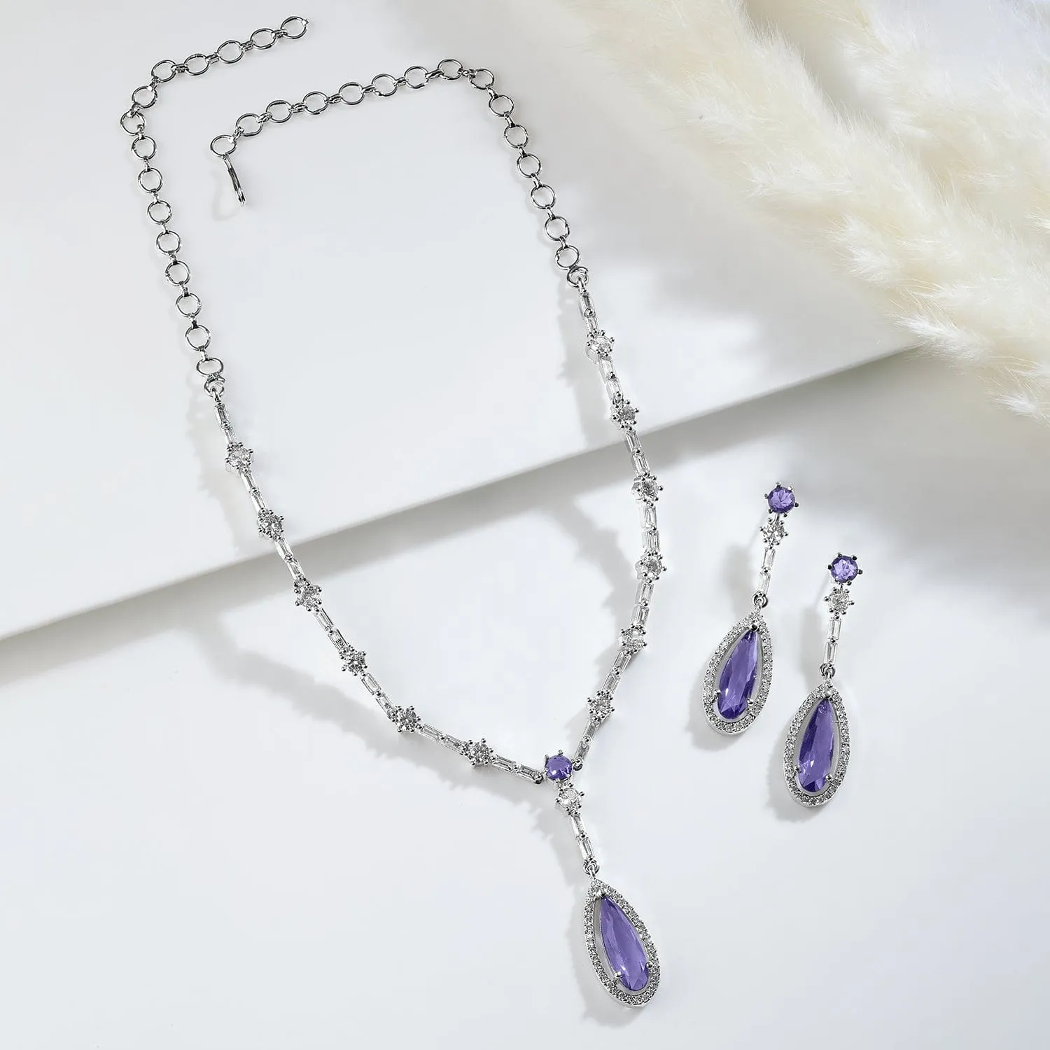 Rhodium Plated Purple Sapphire Teardrop Pendant Necklace Set with AD & Cubic Zirconia
