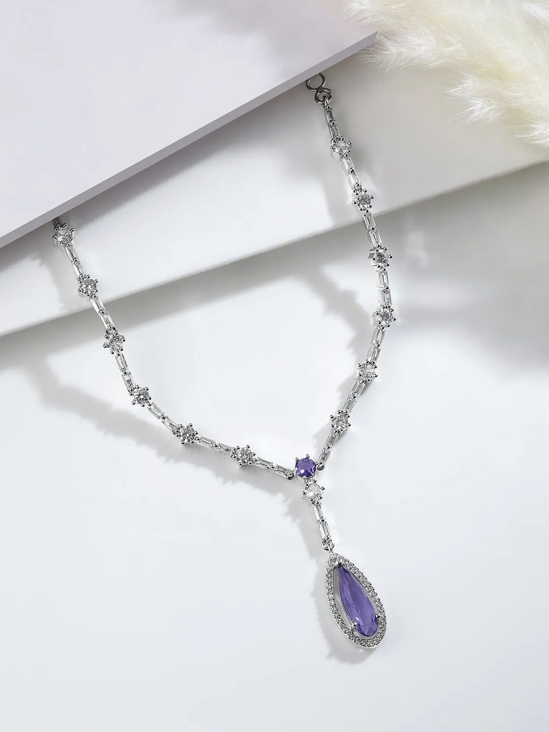 Rhodium Plated Purple Sapphire Teardrop Pendant Necklace Set with AD & Cubic Zirconia
